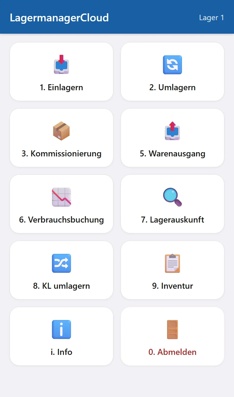 Hauptmenü der Lager-App: Einlagern, Umlagern, Kommissionierung, Warenausgang, Verbrauchsbuchung, Lagerauskunft, KL umlagern und Inventur