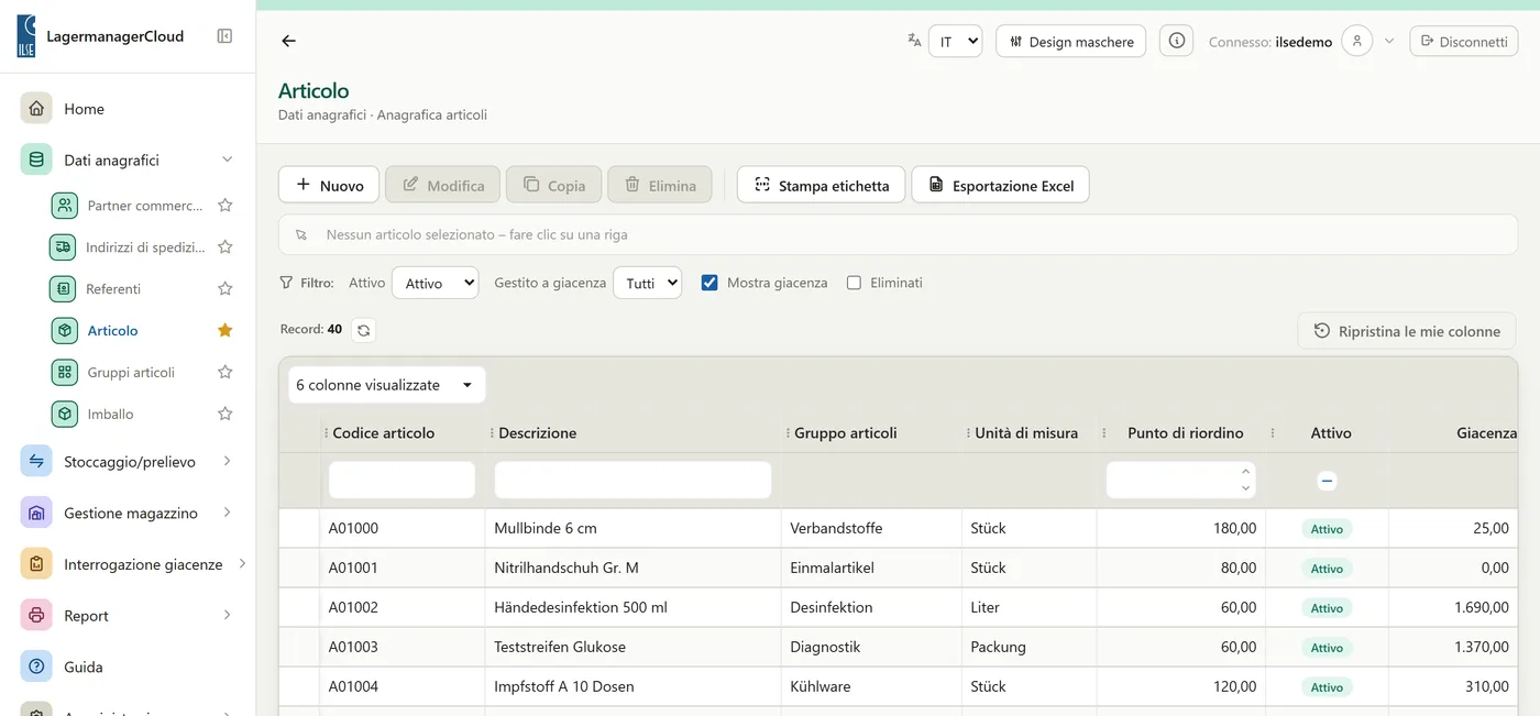 LagermanagerCloud, Artikelübersicht auf Italiano