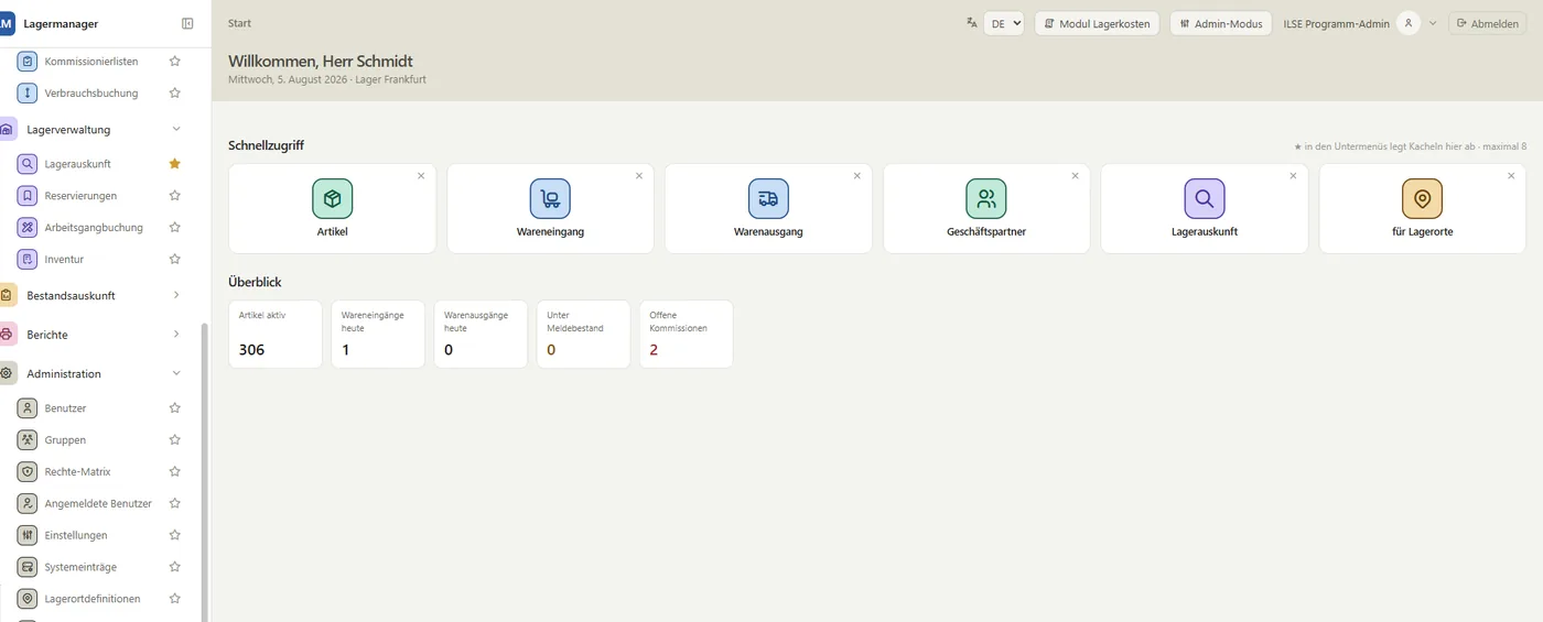 LagermanagerCloud: Startseite mit Schnellzugriff